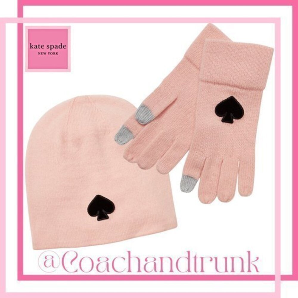 KATE SPADE 2PC Rose Tech Finger Gloves &‎ Beanie Black Flocked Spade NWT